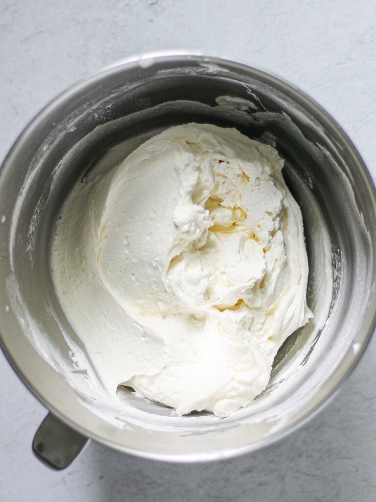 How mixing bowl will look once all ingredients have been well combined for the mascarpone cheesecake filling.