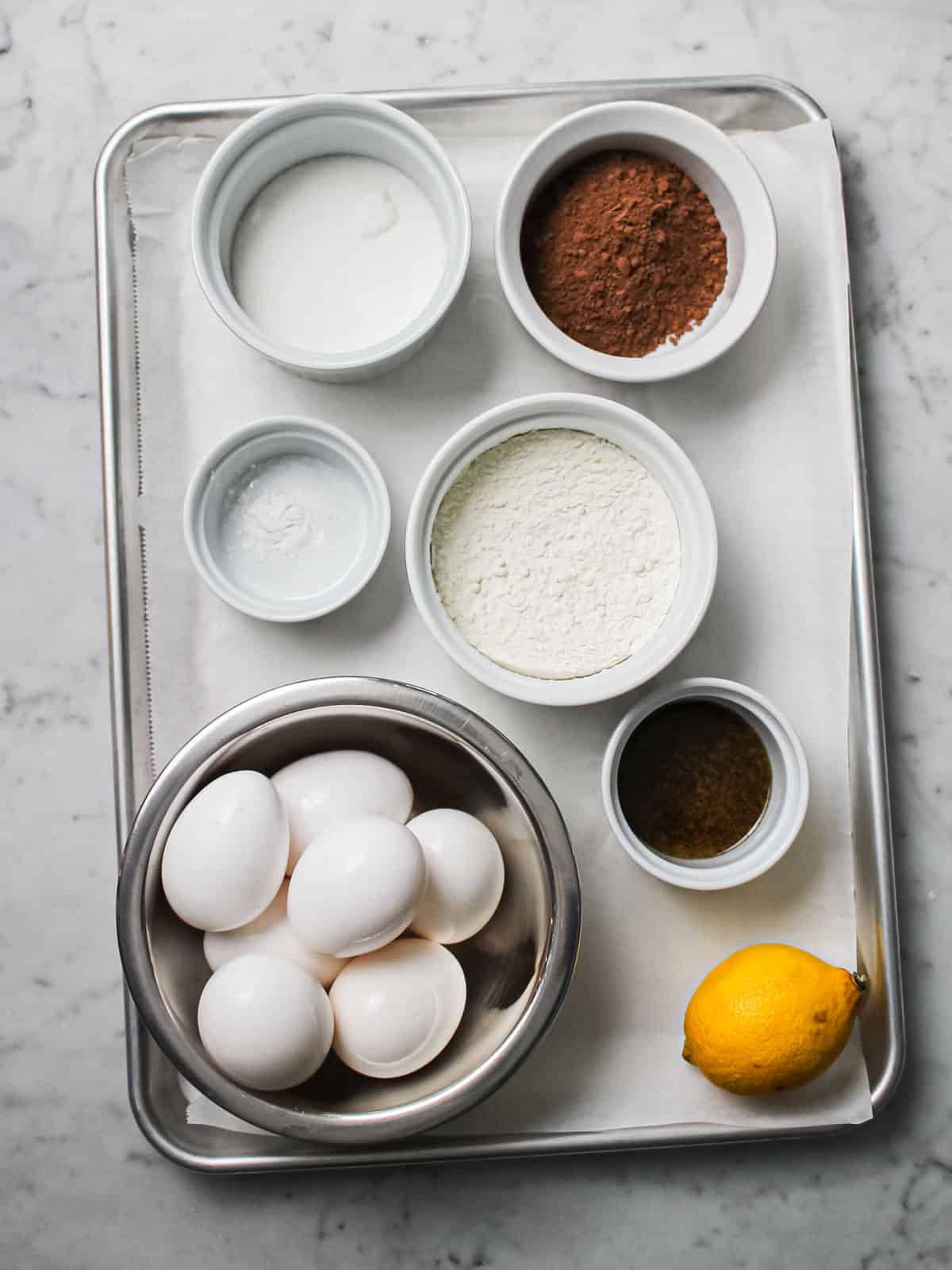 Overhead shot of key ingredients for chocolate yule log.