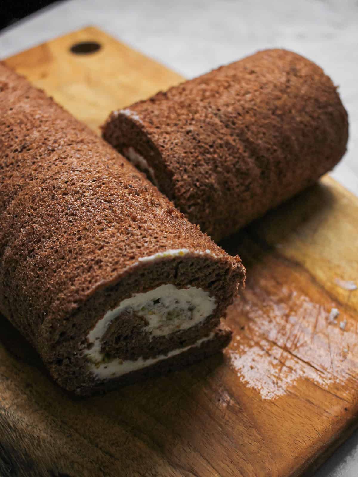 Our baked and rolled dark bark and snow yule log.