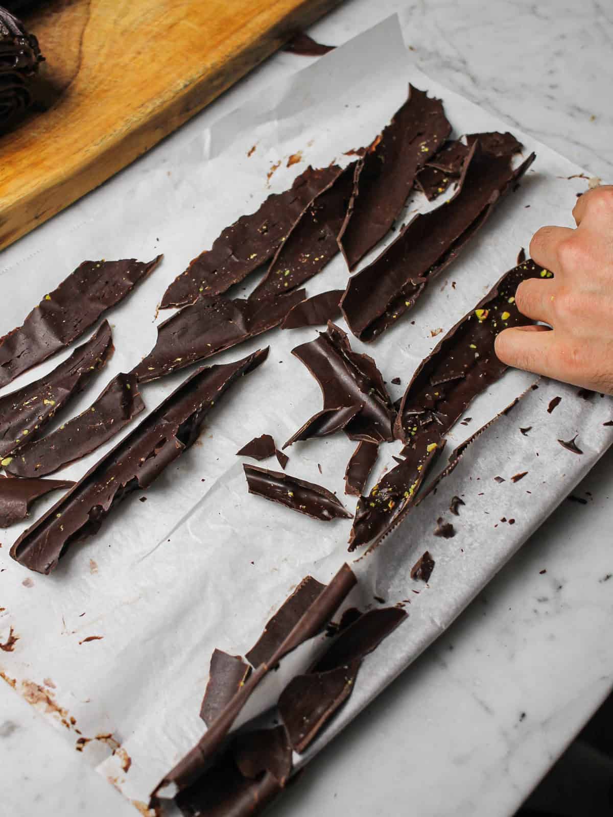 Tempered chocolate broken into shards.