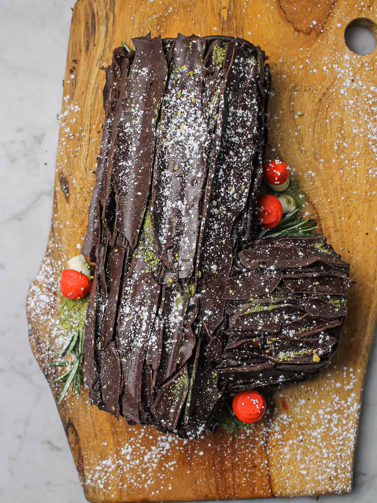 Overhead image of our finished chocolate yule log.
