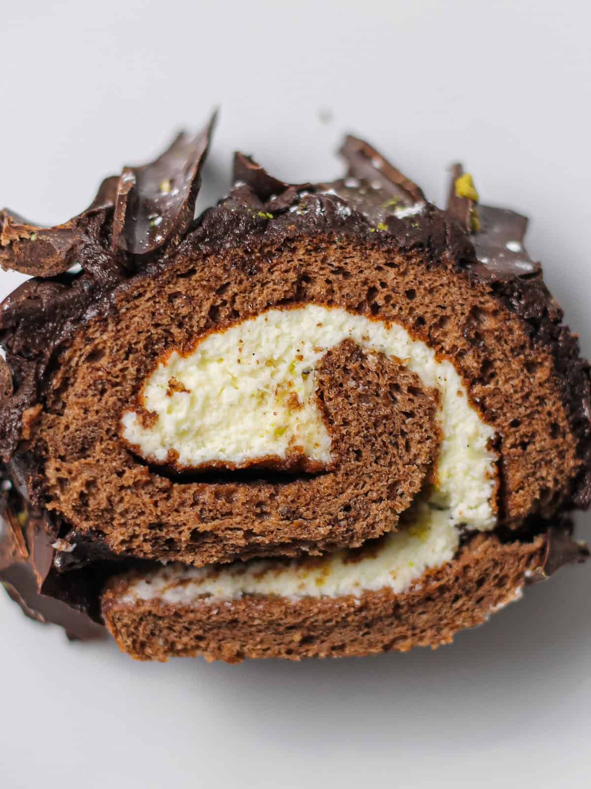 Inside slice from our chocolate yule log, filled with a whipped mascarpone cream.