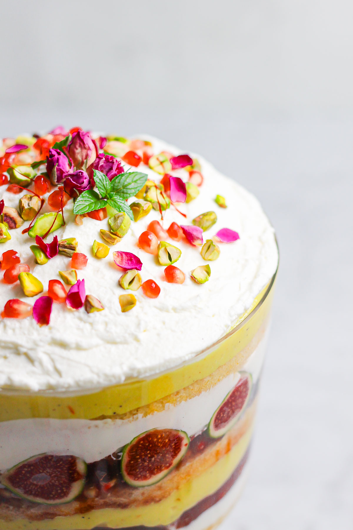 Up-close shot of saffron orange trifle.