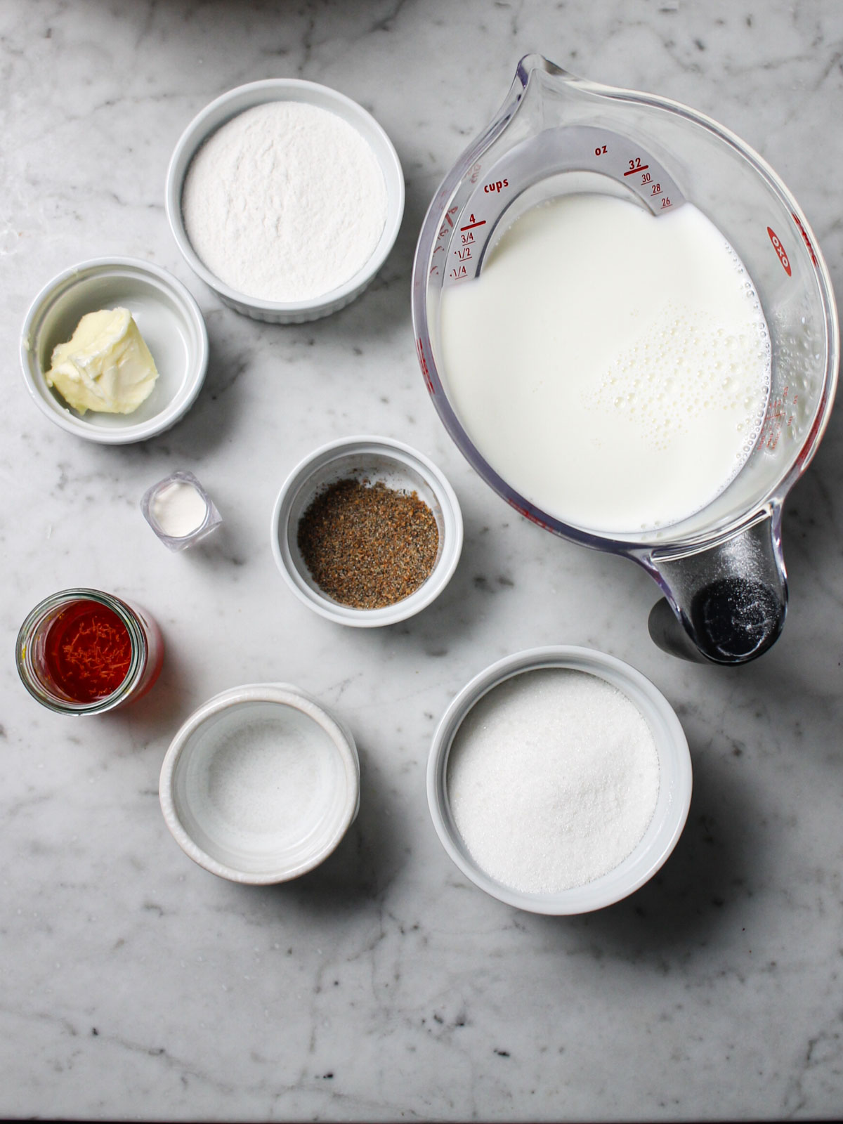 Overhead shot of ingredients for saffron phirni.