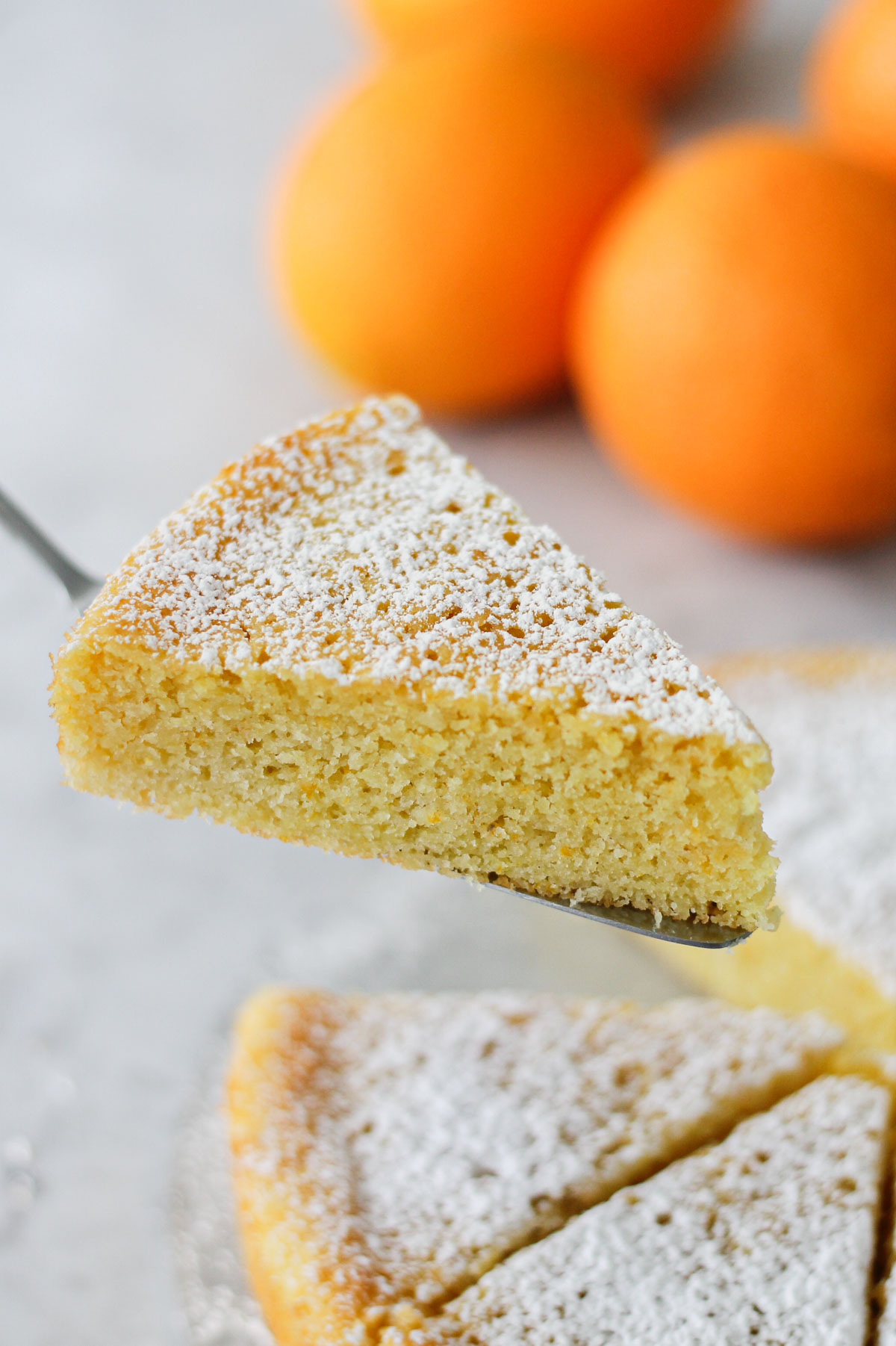Cake server holding a slice of Sidi Joon's orange cake, dusted in powdered sugar.