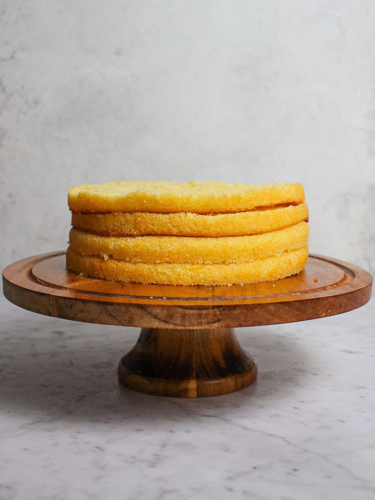 Cake layers sliced in half for adding to trifle dish.