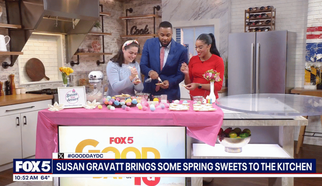 Still image from March 2026 segment decorating Easter bunny sugar cookies on Fox 5 DC.