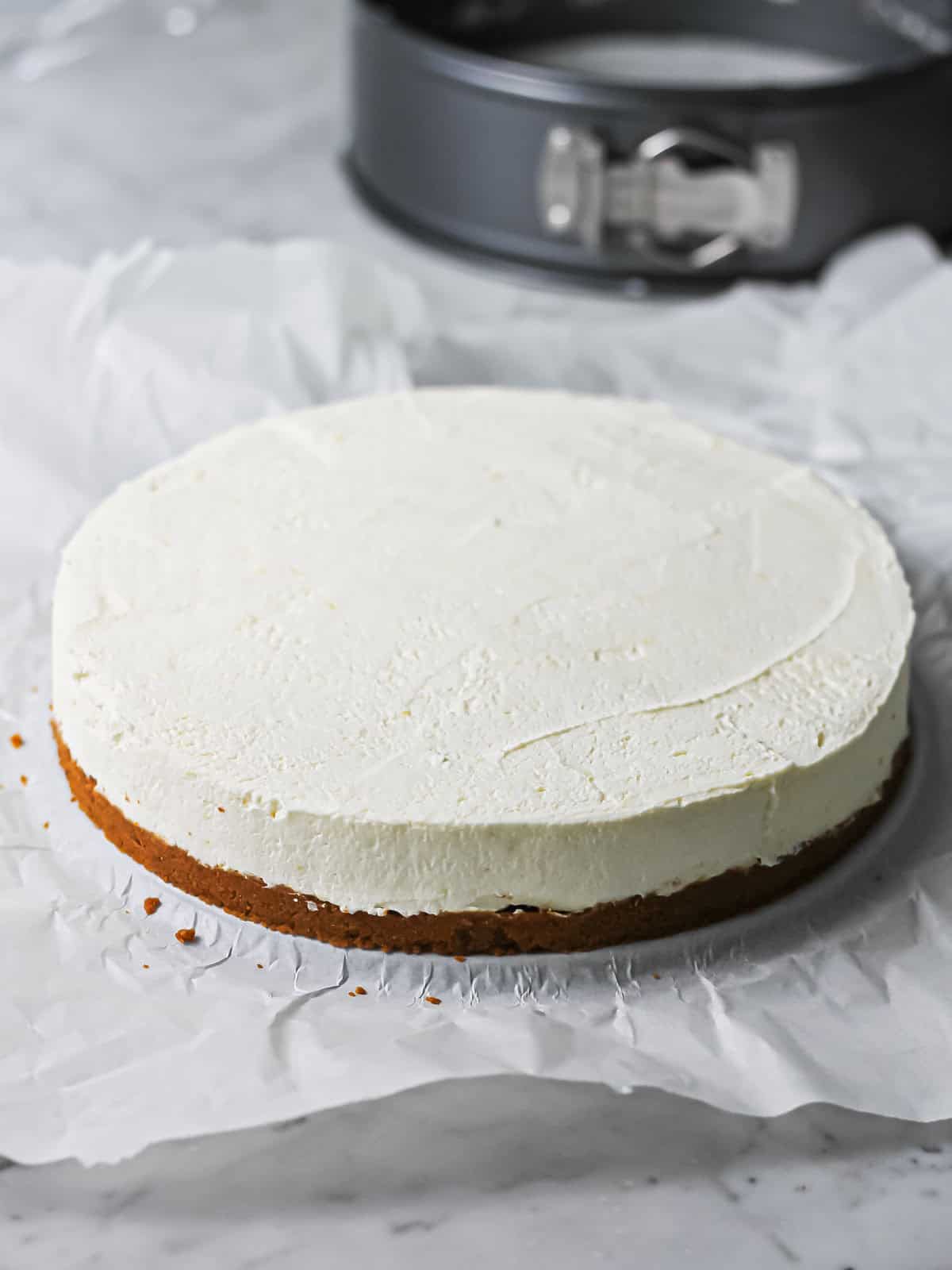 Set cheesecake before adding ganache topping.
