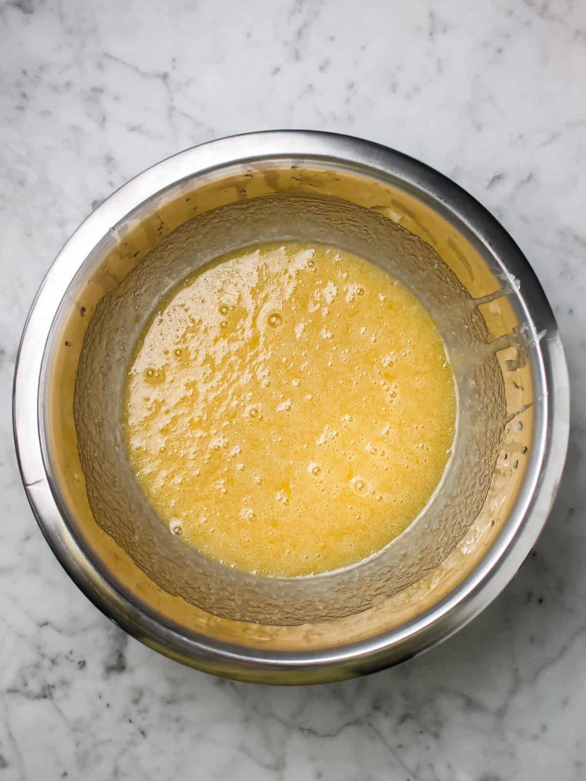 Loaf cake batter after adding eggs and Greek yogurt.