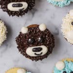 Overhead image of a teddy bear cupcake with brown fur, with white muzzle and ears, alongside black details for his face.