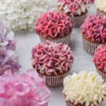 Hero shot, with a 45-degree angle of hydrangea cupcakes piped with shades of white, pink, and purple buttercream, framed by real hydrangeas.